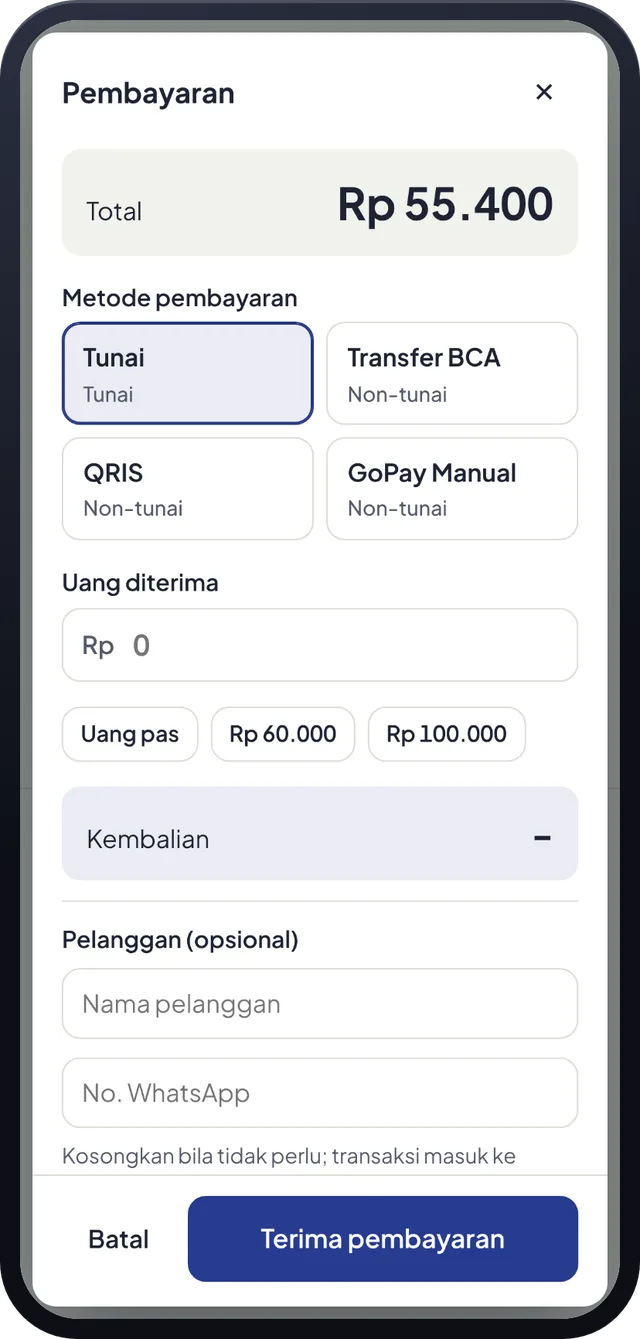 Layar pembayaran Sabi POS dengan pilihan Tunai, QRIS, Transfer, dan GoPay beserta total tagihan