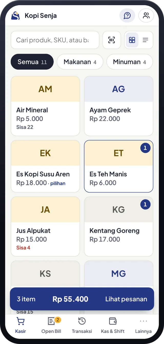 Layar kasir Sabi POS: produk dipilih satu per satu sehingga penjualan tiap produk tercatat otomatis