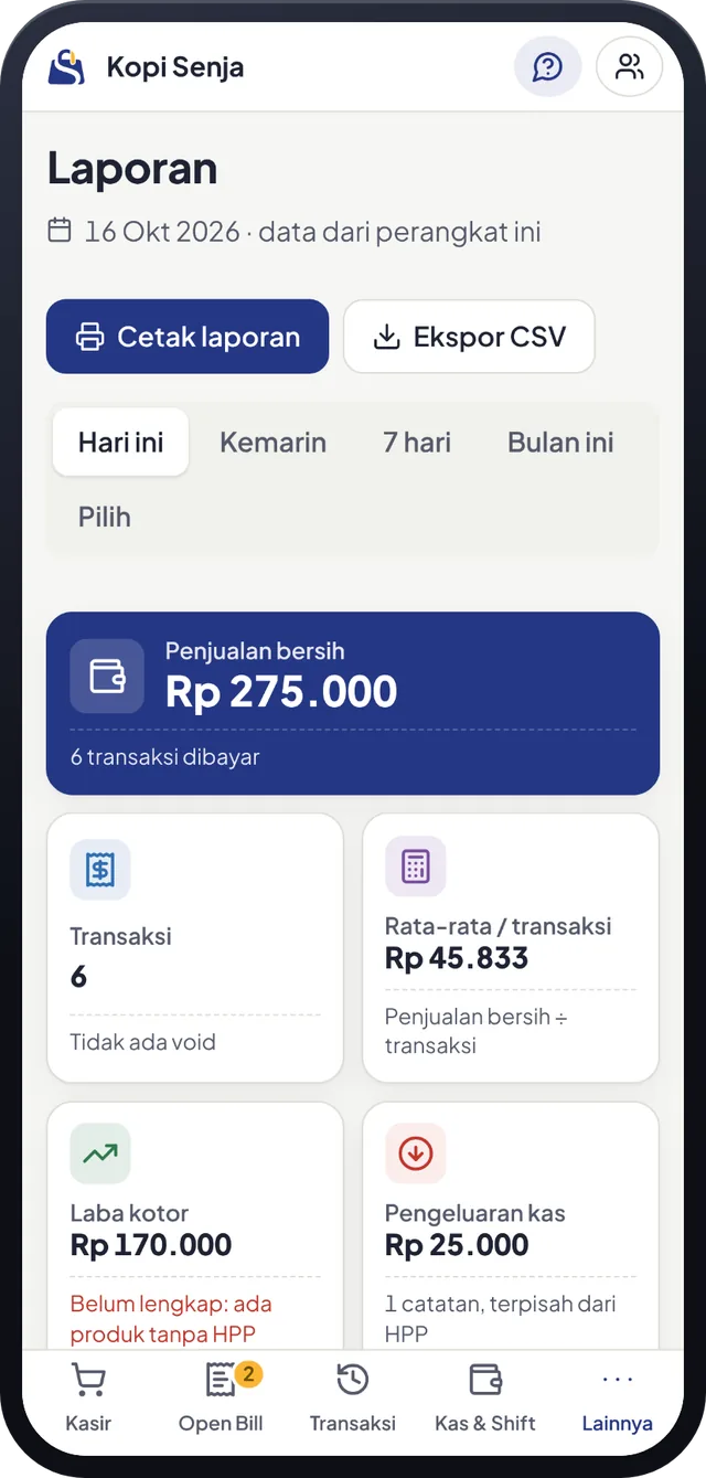 Ringkasan laporan penjualan harian di aplikasi kasir Sabi POS