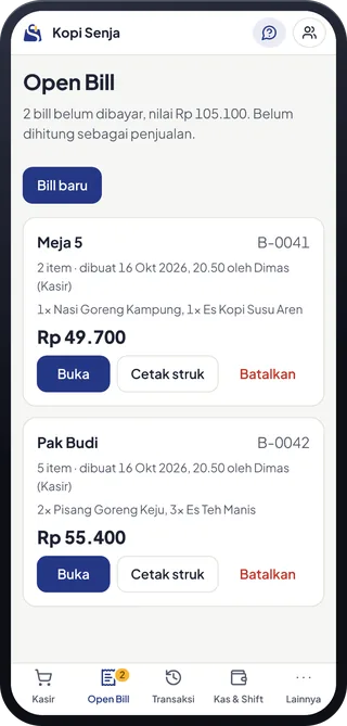 Daftar Open Bill Sabi POS: bill Pak Budi dan Meja 5 yang belum dibayar