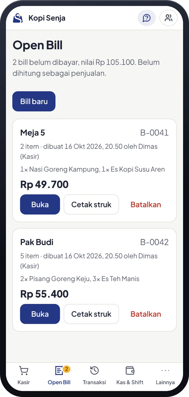 Daftar Open Bill di Sabi POS berisi bill atas nama pelanggan dan nomor meja yang belum dibayar