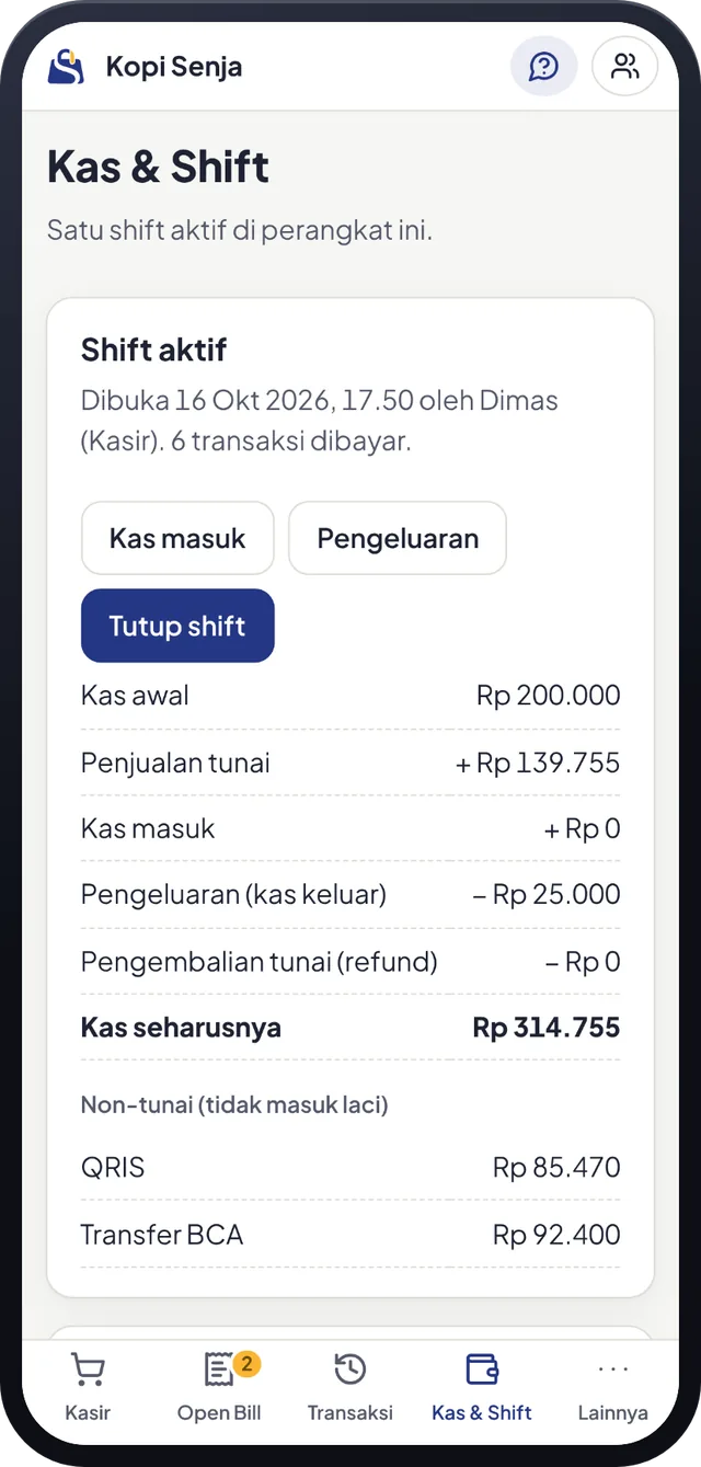 Rekap tutup shift Sabi POS dengan rincian tunai dan QRIS