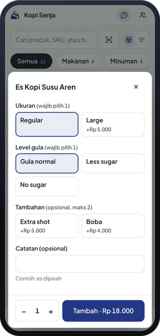 Pilihan varian Es Kopi Susu Aren: ukuran, level gula, dan topping