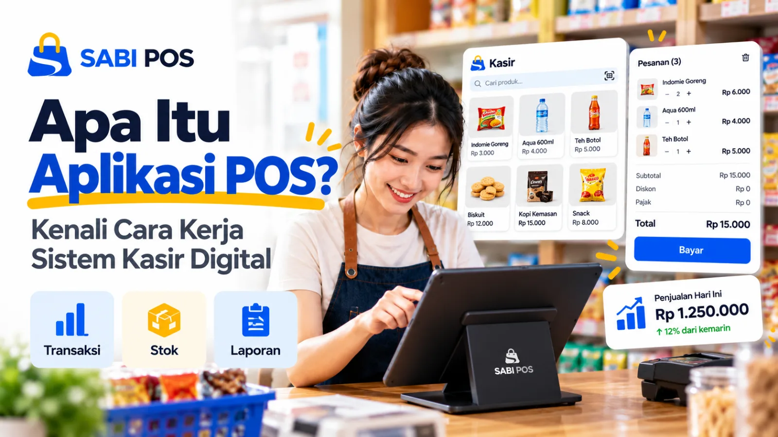 Ilustrasi aplikasi POS Sabi POS untuk mencatat transaksi, mengelola stok, memproses pembayaran, dan melihat laporan penjualan toko.