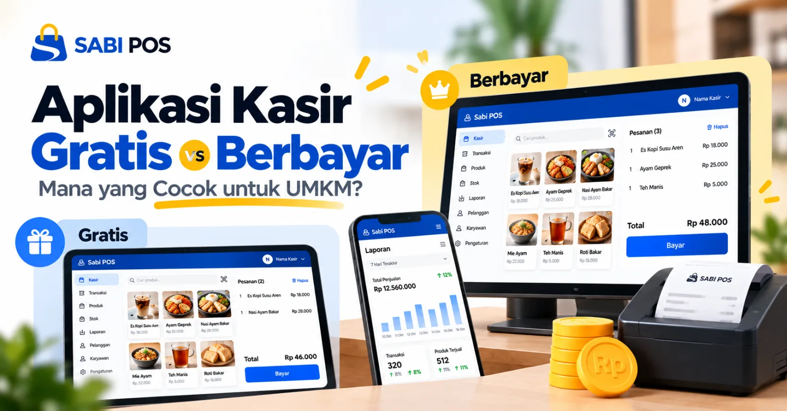 Aplikasi Kasir Gratis vs Berbayar Bagus Mana?Ilustrasi dashboard aplikasi kasir Sabi POS pada perangkat komputer dan tablet, dengan tampilan transaksi penjualan