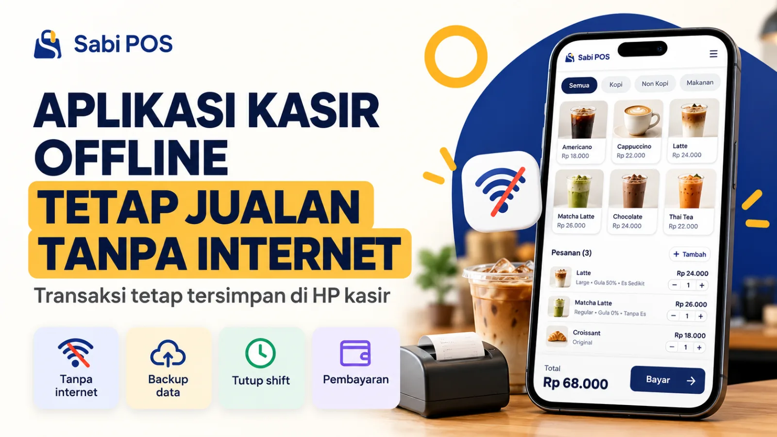 Thumbnail Sabi POS, aplikasi kasir offline untuk UMKM yang memungkinkan transaksi tetap berjalan tanpa internet, dengan fitur backup data, tutup shift, dan berb
