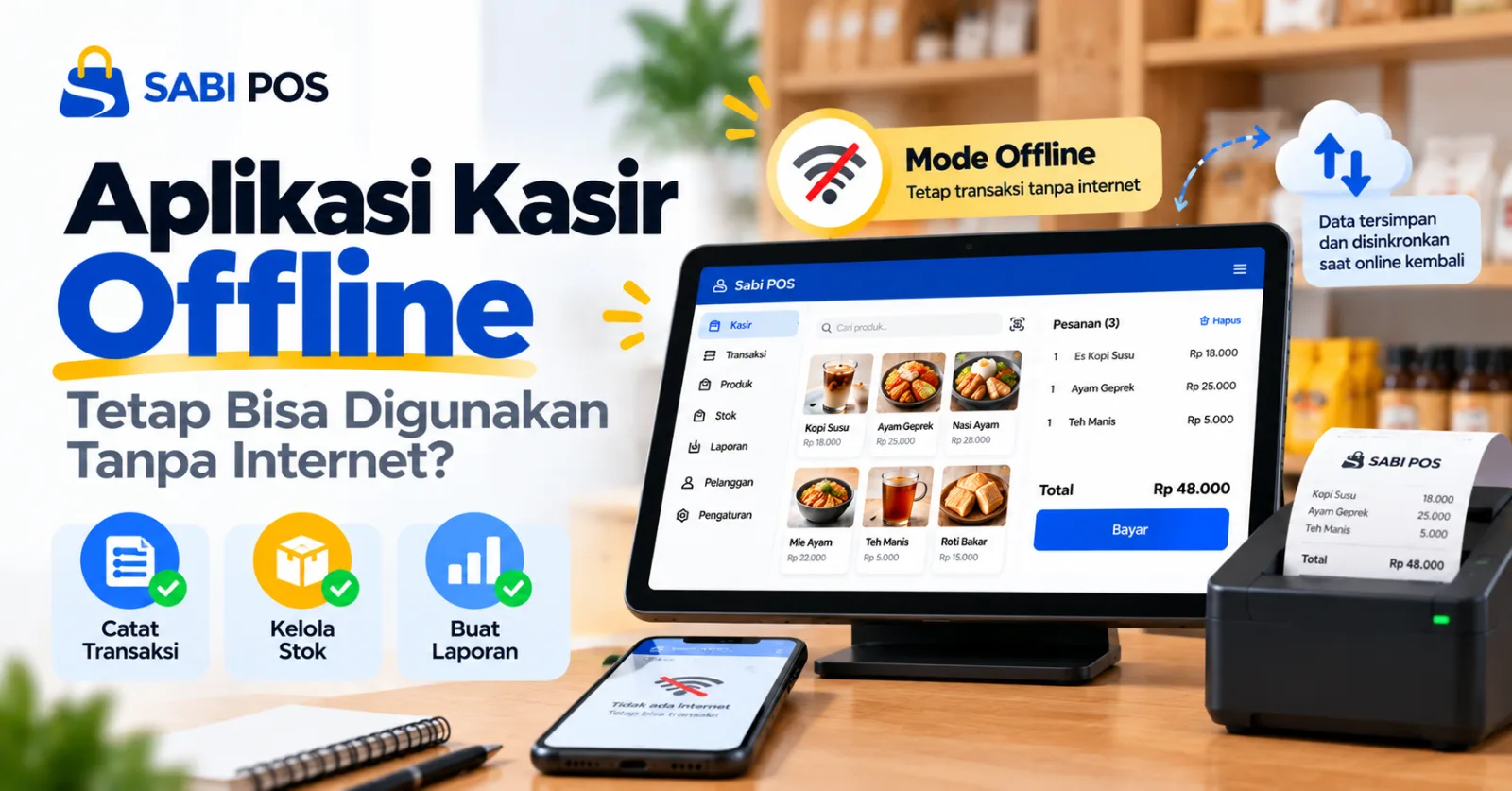 Ilustrasi aplikasi kasir offline untuk UMKM yang dapat mencatat transaksi tanpa internet dan menyimpan data penjualan.