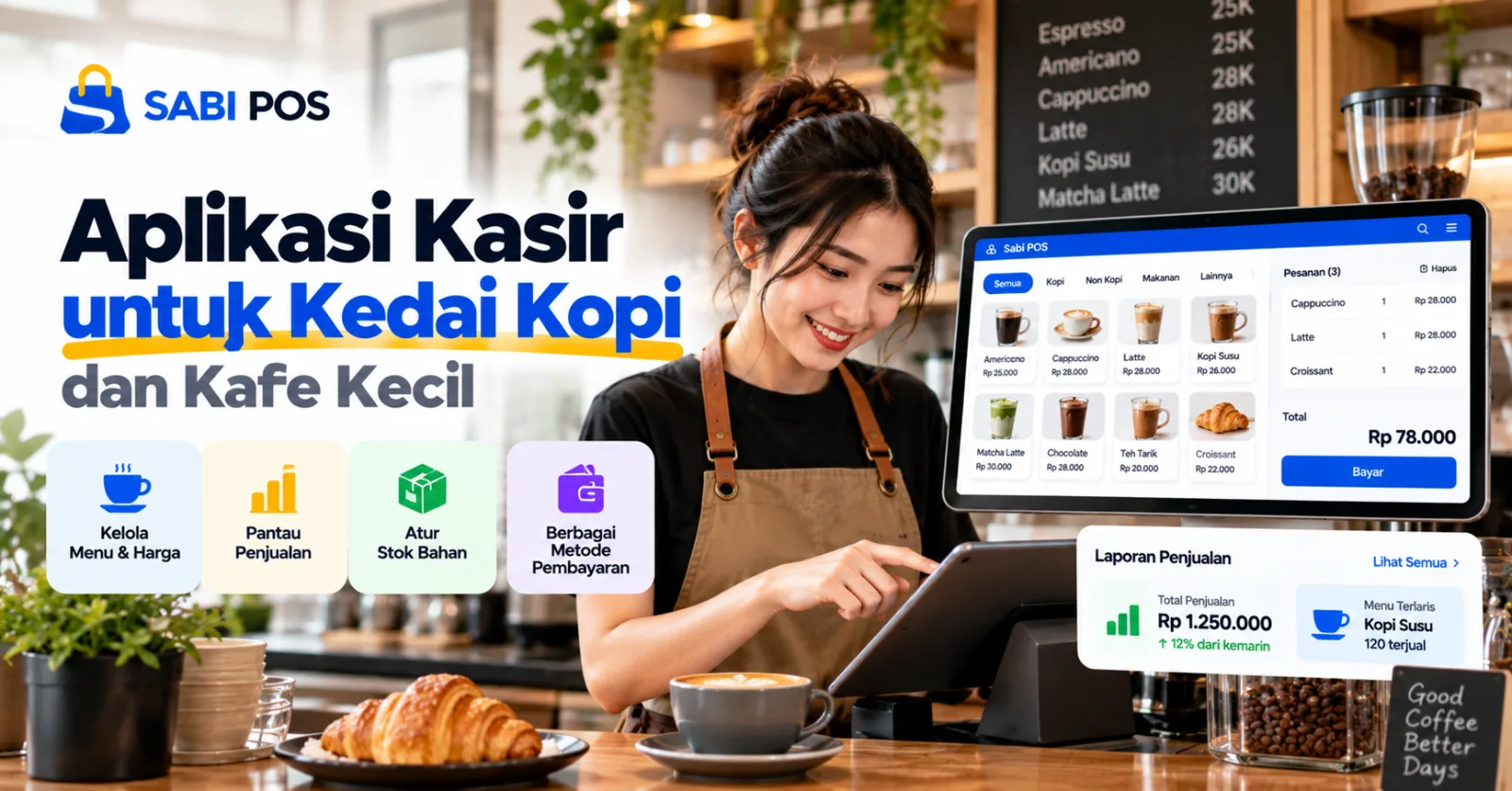 Ilustrasi Sabi POS sebagai aplikasi kasir untuk kedai kopi dan kafe kecil, menampilkan pencatatan transaksi, pengelolaan menu, stok bahan, dan laporan penjualan