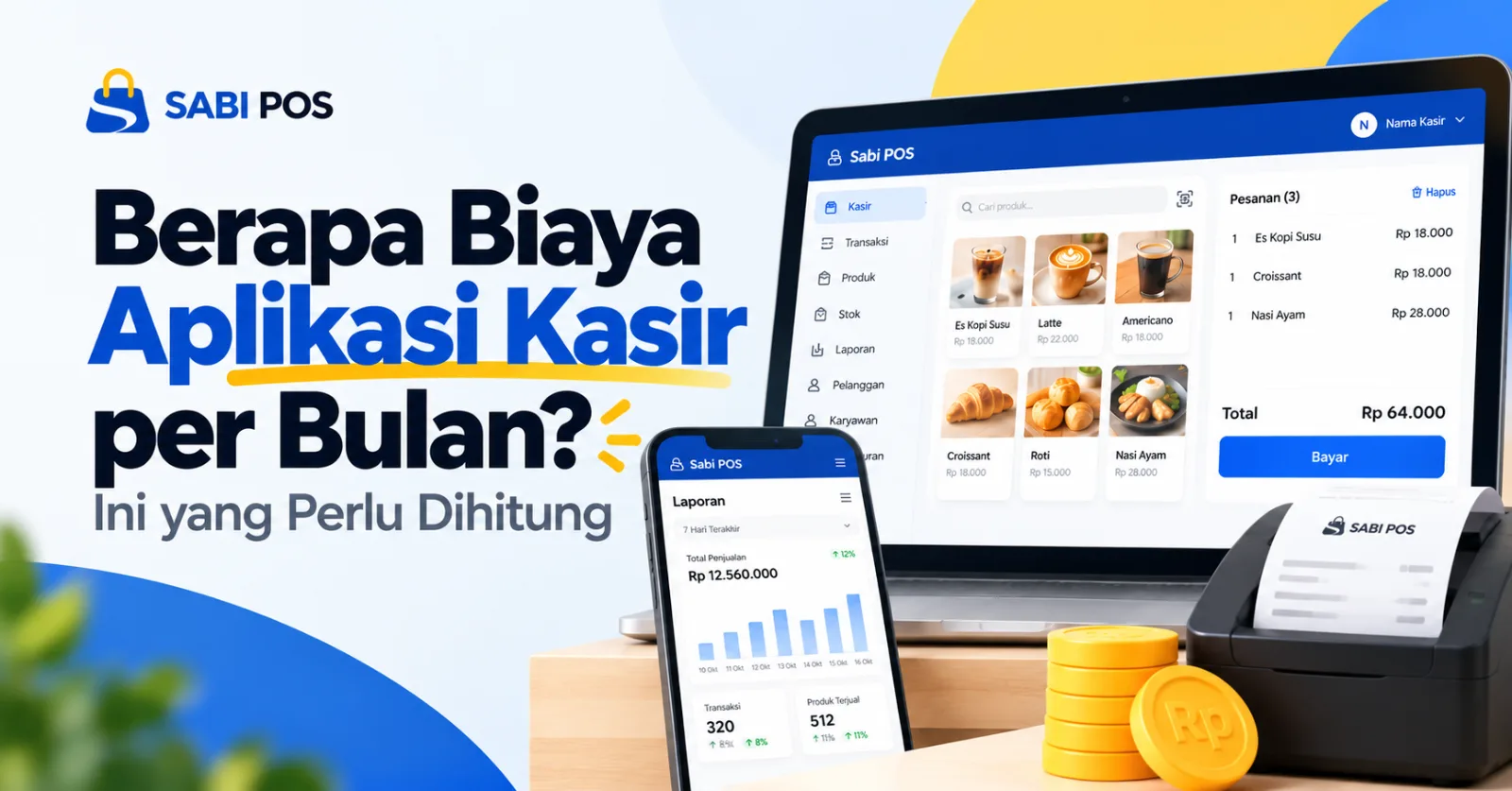 Ilustrasi aplikasi kasir Sabi POS untuk UMKM dengan informasi biaya aplikasi kasir per bulan dan per tahun.