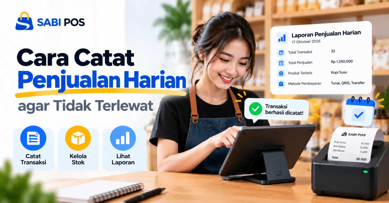 Ilustrasi pemilik usaha menggunakan aplikasi kasir Sabi POS untuk mencatat transaksi dan melihat laporan penjualan harian UMKM