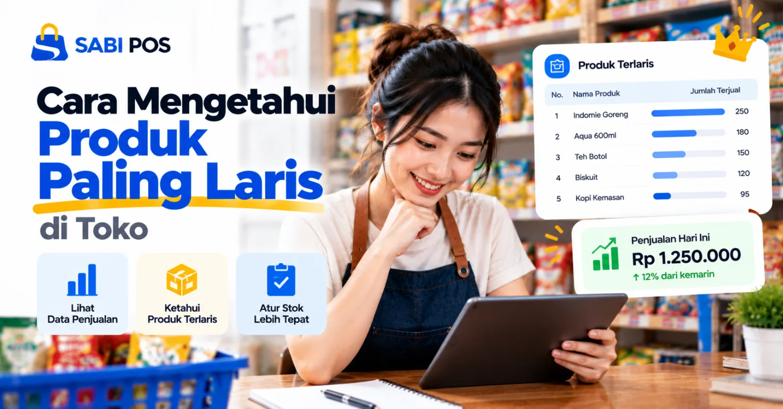 Ilustrasi laporan penjualan produk pada aplikasi kasir Sabi POS untuk membantu UMKM mengetahui produk paling laris di toko.