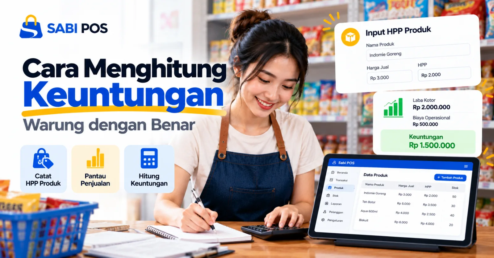 Ilustrasi pemilik warung menghitung keuntungan berdasarkan omzet dan HPP produk menggunakan aplikasi kasir Sabi POS.