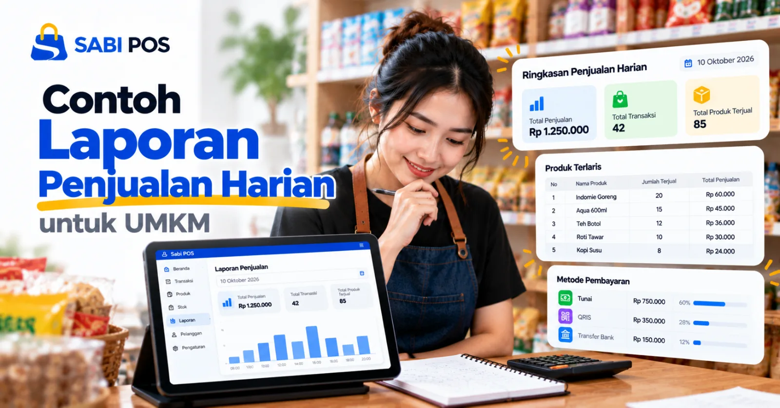 Contoh laporan penjualan harian UMKM dengan ringkasan transaksi dan omzet pada aplikasi kasir Sabi POS.