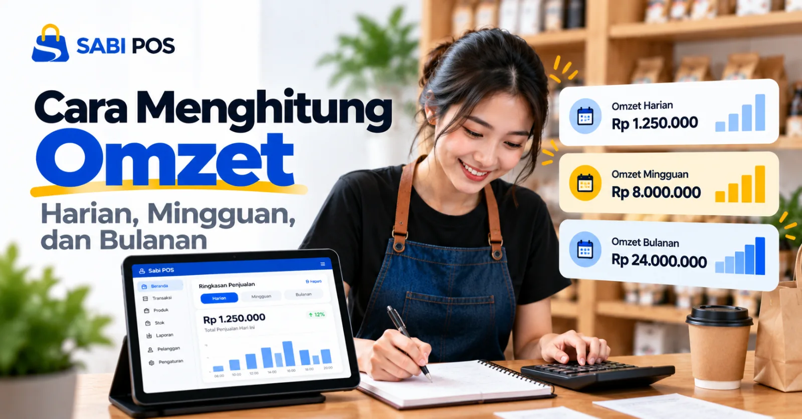 Cara MenghitungIlustrasi pemilik UMKM menghitung omzet harian, mingguan, dan bulanan menggunakan catatan penjualan dan aplikas Omzet Harian, Mingguan, & Bulanan