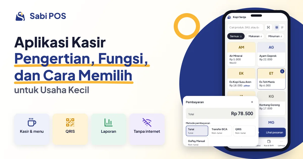Thumbnail Aplikasi Kasir untuk usaha kecil dengan layar pembayaran Sabi POS dan ikon kasir, QRIS, laporan, tanpa internet